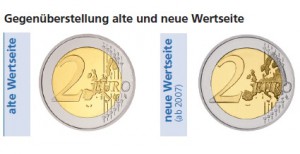 Gegenüberstellung alte und neue Wertseite von 2 Euro-Münzen