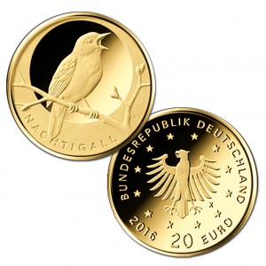 BRD 20 Euro-Goldmünze 2016 „Heimische Vögel – Nachtigall“, © BADV