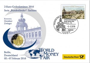 Gedenkbrief 2016 „World Money-Fair“ inklusive BRD 2 Euro 2016 „Sachsen – Dresdner Zwinger“