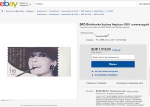 Versteigerung einer unverausgabte Hepburn Briefmarke 2001 der BRD postfrisch bei ebay – 1 Stunde nach Start