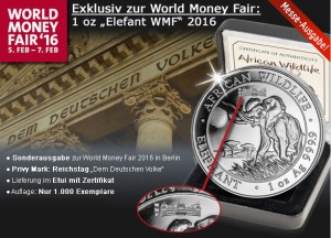 Somalia Elefant 2016 1 Unzen Silber mit Privy Mark „Berliner Reichstag“ ausgegeben zur World Money Fair Berlin 2016