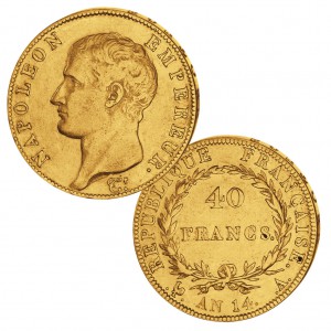 Frankreich 40 Francs 1806/1807 (AN 13/AN 14), 900er Gold, 12,9g, ø 26mm (Napoleon ohne Kranz)