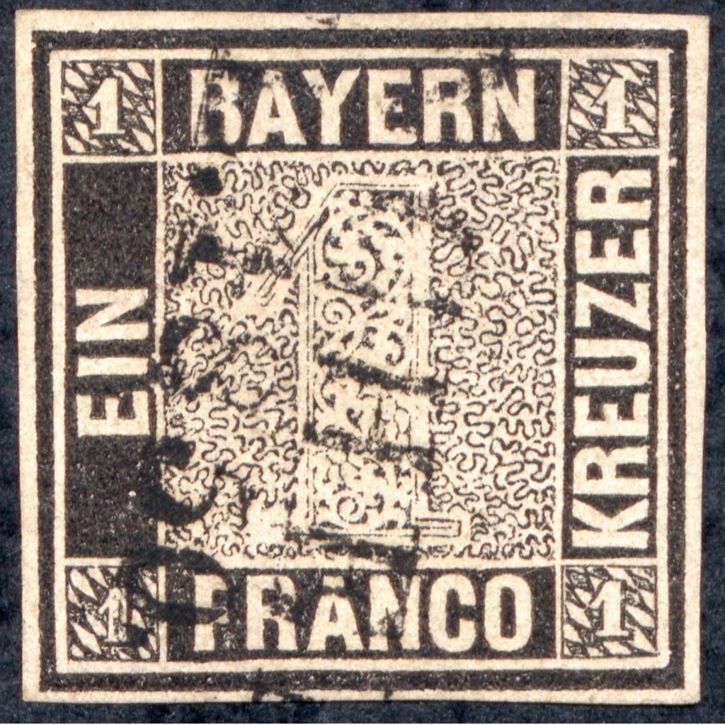 Die Erste Deutsche Briefmarke überhaupt Schwarzer Einser Bayern