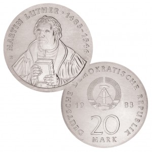 DDR 20 Mark 1983 500. Geburtstag Martin Luther, 500er Silber, 20.9g, Ø 33mm, Auflage: 40.500, Jaeger-Nr. 1591