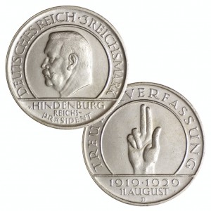 Weimarer Republik, 3 Reichsmark 1929 „10. Jahrestag der Weimarer Reichsverfassung“