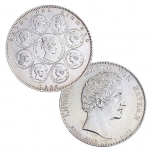 Zu sehen auf dem berühmten Taler von König Ludwig I. von Bayern: Seine Gemahlin Therese und die königlichen Kinder. Bayern Taler 1828, Silber, 28,06g, AKS 121