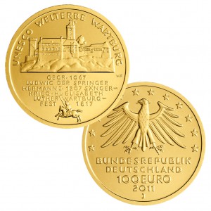 BRD 100 Euro 2011 UNESCO Weltkulturerbe - Wartburg, 999,9er Gold, 15,55g, Ø 28mm, Prägestätte ADFGJ, st Auflage: 64.000 je Prägestätte, Jaeger-Nr. 566