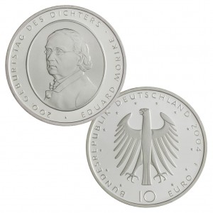 BRD 10 Euro 2004 200. Geburtstag des Dichters Eduard Mörike, 925er Silber, 18g, Ø 32,5mm, Prägestätte F (Stuttgart), st Auflage: 1.800.000, PP Auflage: 300.000, Jaeger-Nr. 508