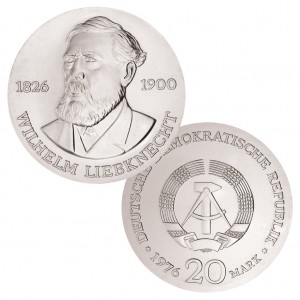 DDR, 20 Mark 1976 150. Geburtstag Wilhelm Liebknecht , 625er Silber, 20.9g, Ø 33mm, Prägestätte A (Berlin), Auflage: 50.060 (PP: 4.020), Jaeger-Nr. 1561