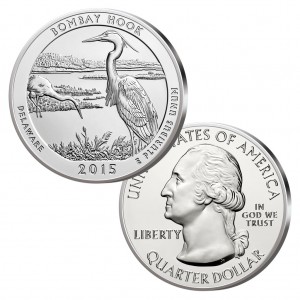 USA Quarter Dollar (0,25 Dollar) 2015 „Bombay Hook National Wildlife Refuge“, 999er Silber, 155,5 Gramm (5 Unzen), Durchmesser 76,20mm