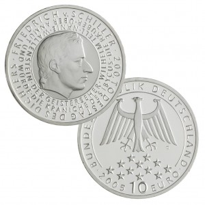 BRD 10 Euro 2005 „200. Todestag Friedrich von Schiller“, 925er Silber, 18g, Ø 32,5mm, Prägestätte G (Karlsruhe), st Auflage: 1.800.000, PP Auflage: 300.000, Jaeger-Nr. 513