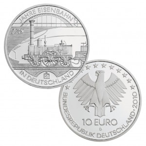 BRD, 10 Euro 2010 175 Jahre Eisenbahn in Deutschland, 925er Silber, 18g, Ø 32,5mm, Prägestätte D München, st Auflage: 2.041.000, PP Auflage: 186.000, Jaeger-Nr. 556