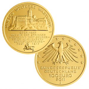BRD, 100 Euro 2011 UNESCO Weltkulturerbe - Wartburg, 999,9er Gold, 15,55g, Ø 28mm, Prägestätte ADFGJ, st, Auflage: 64.000 je Prägestätte, Jaeger-Nr. 566