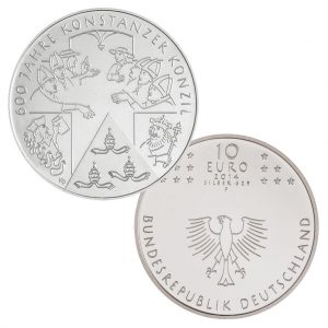 BRD 10 Euro 2014 600 Jahre Konstanzer Konzil, st (CuNi, 14g, Ø 32,5mm), PP (625er Silber, 16g, Ø 32,5mm), Jaeger-Nr. 590