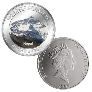 Cook Islands 1 Dollar 2009 “Naturwunder – Mount Everest”, CuNi versilbert, mit Farbmotiv, 27g, © 40mm, PL (Proof Like)