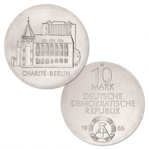 DDR 10 Mark 1986 Zum 275jährigen Bestehen der Charité in Berlin, 500er Silber, 17g, Ø 31mm, Prägestätte A (Berlin), Auflage: 38.000 (PP: 4.101), Jaeger-Nr. 1612