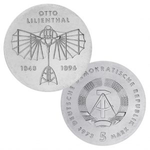 DDR 5 Mark 1973 125. Geburtstag Otto Lilienthal, Neusilber (CuZnNi), 12,2g, Ø 29mm, Prägestätte A (Berlin), Auflage 100.300, Jaeger-Nr. 1546