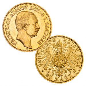 Königreich Sachsen 20 Mark 1905/1913/1914 Friedrich August III., 900er Gold, 7,965 Gramm, Ø 22,5mm, Jaeger-Nr. 268