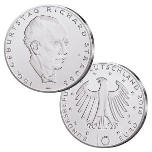 BRD 10 Euro 2014 150. Geburtstag Richard Strauss, st (CuNi, 14g, Ø 32,5mm), PP (625er Silber, 16g, Ø 32,5mm), Jaeger-Nr. 588