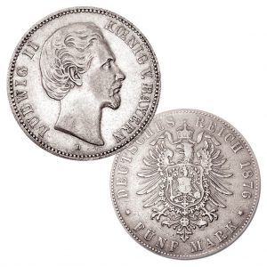 Königreich Bayern 5 Mark 1874/1875/1876, 900er Silber, 27,778g, Ø 38mm, Jaeger-Nummer 42