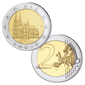 BRD 2 Euro 2011 Serie Bundesländer – NRW, Ring: Kupfer-Nickel, Mitte: Nickel-Messing, Nickel, Nickel-Messing, 8,5g, Ø 25,75mm, Prägestätten ADFGJ, Jaeger-Nr. 558