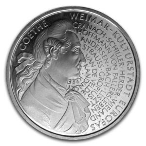 BRD 10 DM 1999 250. Geburtstag Johann Wolfgang von Goethe & Weimar – Kulturhauptstadt Europas 1999, 925er Silber, 15,5g, Ø 32,5mm, Jaeger-Nr. 473, Prägestätte F (Stuttgart), Auflage: 3.000.000, PP: Prägestätten ADFGJ, Auflage je 160.000