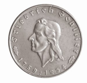 Deutsches Reich, 2 Reichsmark 1934 „Zum 175. Geburtstag von Friedrich Schiller“, 625er Silber, 8g, Ø 25mm, Prägestätte F (Stuttgart), Auflage: 300.000, Jaeger-Nr. 358