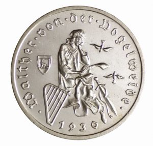 Weimarer Republik, 3 Reichsmark 1930 „700. Todestag von Walther von der Vogelweide“, 500er Silber, 15g, Ø 30mm, Prägestätten ADEFGJ (Berlin, München, Muldenhütten, Stuttgart, Karlsruhe, Hamburg), Jaeger-Nr. 344