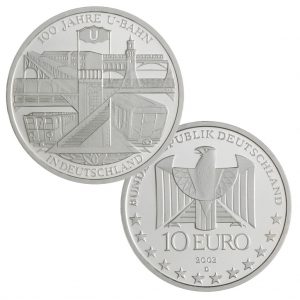 BRD 10 Euro 2002 100 Jahre U-Bahn in Deutschland, 925er Silber, 18g, Ø 32,5mm, Prägestätte D (München), st Auflage: 2.000.000, PP Auflage: 400.000, Jaeger-Nr. 491