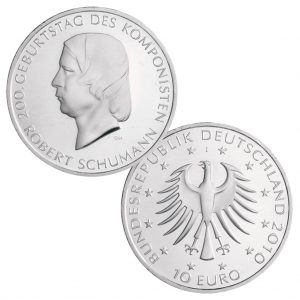 BRD 10 Euro 2010 200. Geburtstag Robert Schumann, 925er Silber, 18g, Ø 32,5mm, Prägestätte J (= Hamburg), st Auflage: 1.700.000, PP Auflage: 182.900, Jaeger-Nr. 550