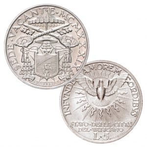 Vatikan 5 Lire 1939 Sedisvakanz, 835er Silber, 5g fein, Ø 23 mm, ss/vz, Auflage: 40.000