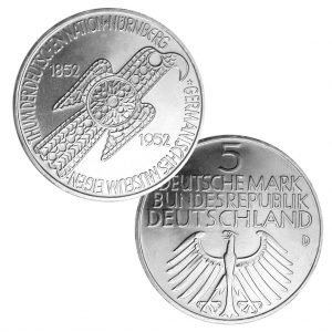 BRD 5 DM 1952, 625er Silber, 11,2g, 29mm, Prägestätte D (München), Auflage: 198.760, Jaeger-Nr. 388