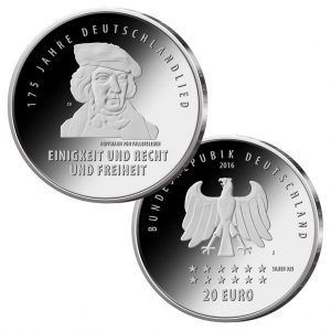 BRD 20 Euro 2016 175 Jahre Deutschlandlied, 925er Silber 18g, Ø 32,5mm