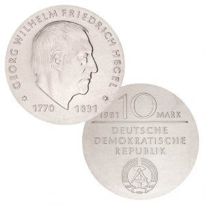 DDR 10 Mark 1981 150. Todestag Georg Wilhelm Friedrich Hegel, 500er Silber, 17g, Ø 31mm, Prägestätte A (Berlin), Auflage: 49.500 (PP: 5.500), Jaeger-Nr. 1581
