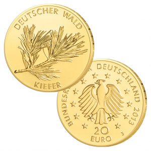 BRD 20 Euro 2013 „Deutscher Wald - Kiefer“, 999,9er Gold, 1/8 Unze (3,89 g), Ø 17,5 mm, st (Stempelglanz