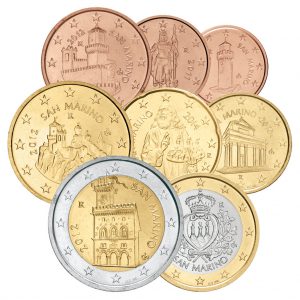 Euro-Kursmünzen des Kleinstaates San Marino, die 20 Cent zeigt den Gründer Hl. Marinus