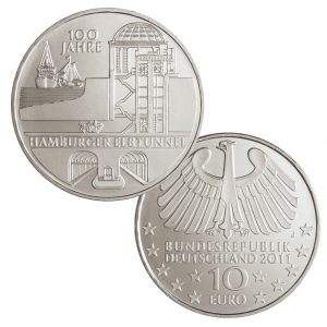 BRD 10 Euro 2011 100 Jahre Hamburger Elbtunnel, st (CuNi, 14g, Ø 32,5mm), PP (625er Silber, 16g, Ø 32,5mm), Jaeger-Nr. 565