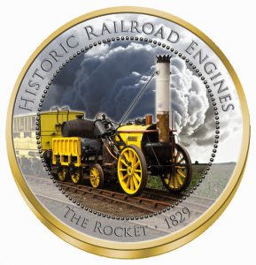 Eisenbahn-Legende "The Rocket" als Farbmotiv auf einer 2 Euro-Münze