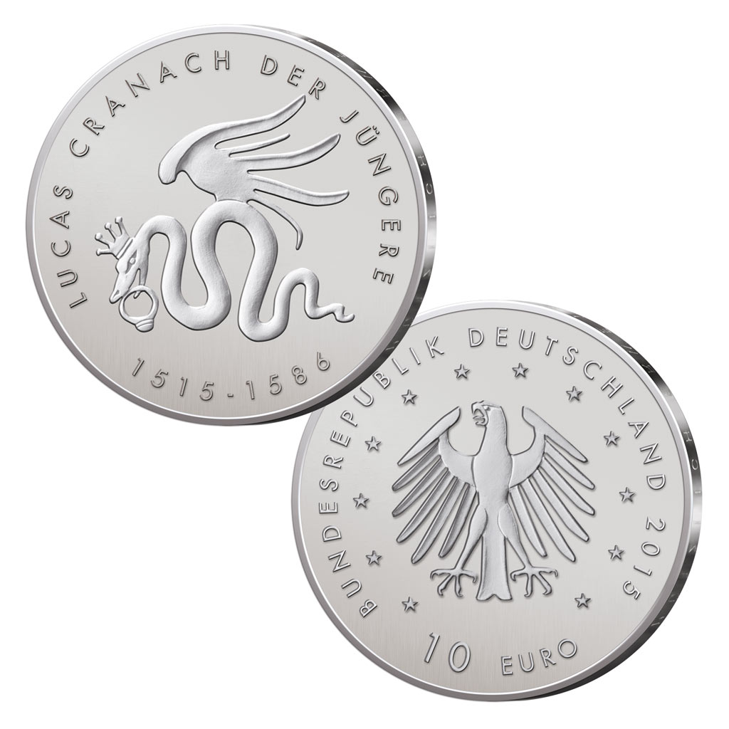 BRD 10 Euro 2015 500. Geburtstag von Lucas Cranach dem Jüngeren, st (CuNi, 14g, Ø 32,5mm), PP (625er Silber, 16g, Ø 32,5mm)