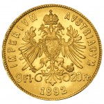 Goldmünze 8 Florin & 20 Franken Österreich 1892, Franz Joseph I