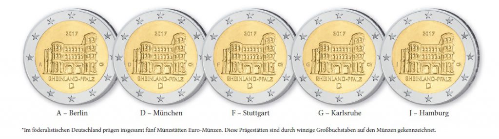 Die Prägestättenzeichen auf deutschen Münzen - Beispiel 2 Euro 2017 "Porta Nigra"