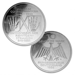 BRD 10 DM 1995 150. Geburtstag Wilhelm Conrad Röntgen und 100-Jahrfeier Entdeckung der Röntgenstrahlen, 625er Silber, 15,5g, Ø 32,5mm, Prägestätte D (München), Jaeger-Nr. 461, Auflage: 6.500.000 (PP: 400.000)