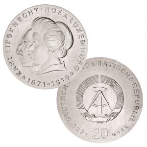 DDR 20 Mark 1971 100. Geburtstag von Karl Liebknecht und Rosa Luxemburg, 625er Silber, 20.9g, Ø 33mm, Prägestätte A (Berlin), Auflage: 76.814, Jaeger-Nr. 1533