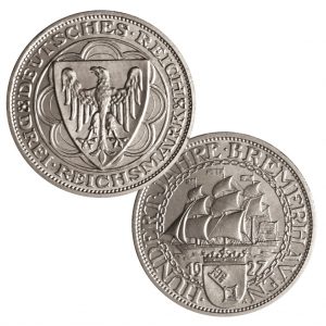 Weimarer Republik, 3 Reichsmark 1927 „100 Jahre Bremerhaven“, 500er Silber, 15g, Ø 30mm, Prägestätte A (Berlin), Jaeger-Nr. 325, Auflage: 150.000