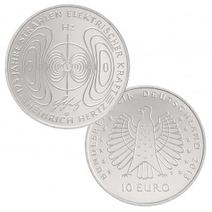 BRD 10 Euro 2013 125 Jahre Strahlen elektrischer Kraft – Heinrich Hertz , st (CuNi, 14g, Ø 32,5mm), PP (625er Silber, 16g, Ø 32,5mm), Jaeger-Nr. 584