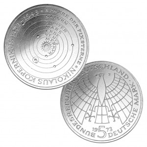 BRD 5 DM 1973 500. Geburtstag Nikolaus Kopernikus, 625er Silber, 11,2g, Ø 29mm, Prägestätte J (Hamburg), Jaeger-Nr. 410, Auflage: 7.750.000 (PP: 250.000)