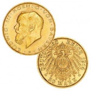 Königreich Bayern 20 Mark 1914 „Ludwig III.“, 900er Gold, 7,965g, Ø 22,5mm, Jaeger-Nr. 202