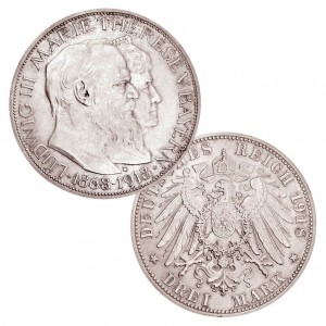 Königreich Bayern 3 Mark 1918 „Goldene Hochzeit“, 900er Silber, 16,667g, Ø 33mm, Jaeger-Nr. 54