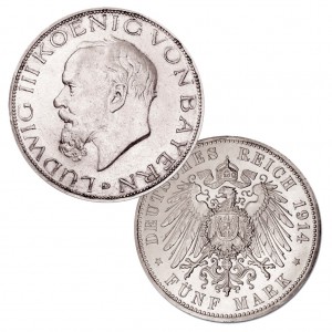 Königreich Bayern 5 Mark 1914 „Ludwig III.“, 900er Silber, 27,778g, Ø 38mm, Jaeger-Nr. 53
