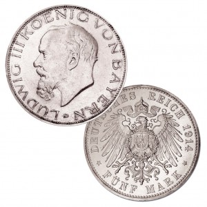 Münze Königreich Bayern 5 Mark 1914 „Ludwig III.“, 900er Silber, 27,778g, Ø 38mm, Jaeger-Nr. 53